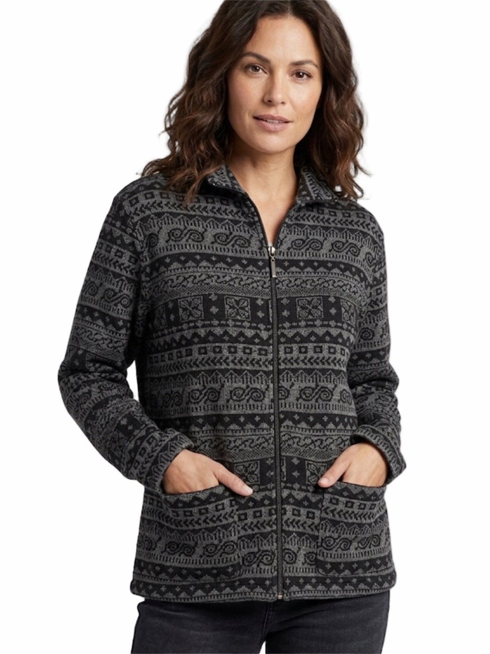 Chico’s Designs Aztec Pattern Full-Zip Jacket Small Vintage Black & Gray